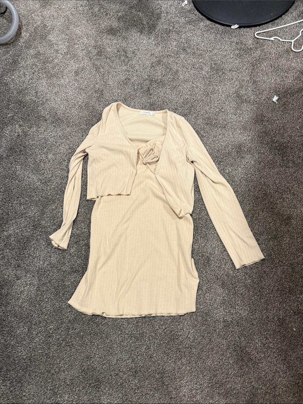 Long-Sleeve V-Neck Ribbed Dress in Light Beige
